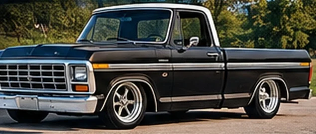 Lowered black-and-white dentside F-100 short bed — the proportions a bed shortening buys