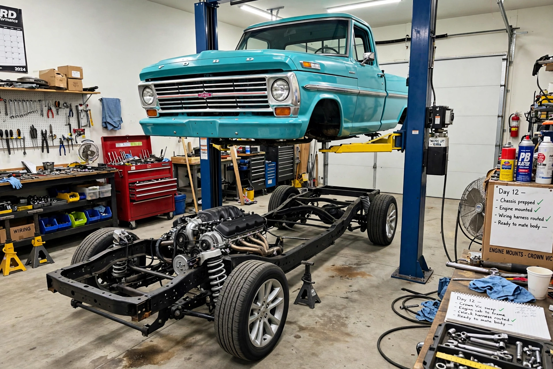 Turquoise bumpside F-100 body lifted on a two-post lift above a complete Crown Victoria rolling chassis — frame, suspension, brakes and V8 — ready to be lowered onto it