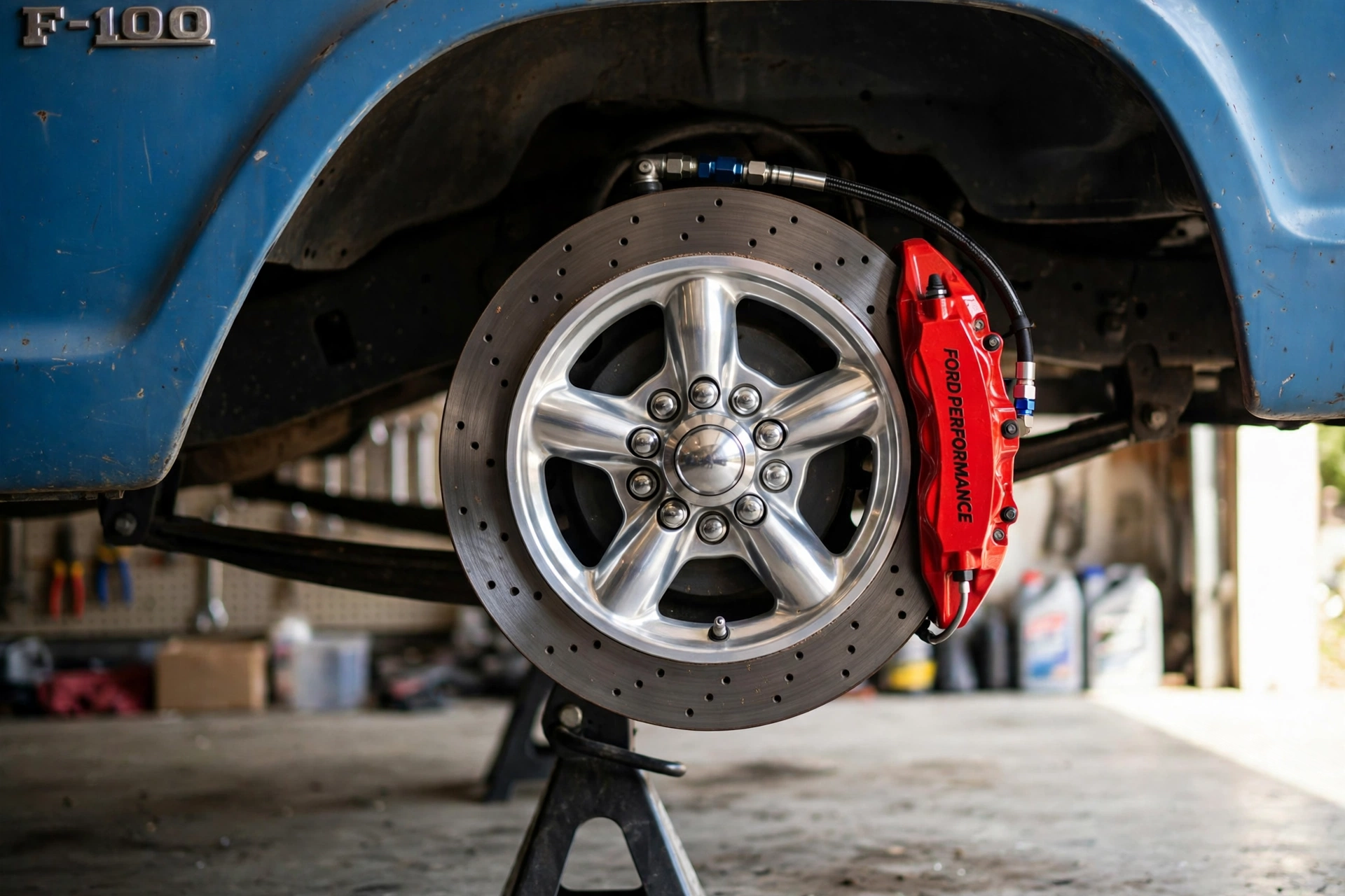 Cross-drilled disc brake rotor and red performance caliper behind a polished five-spoke wheel on a classic F-100 up on jack stands
