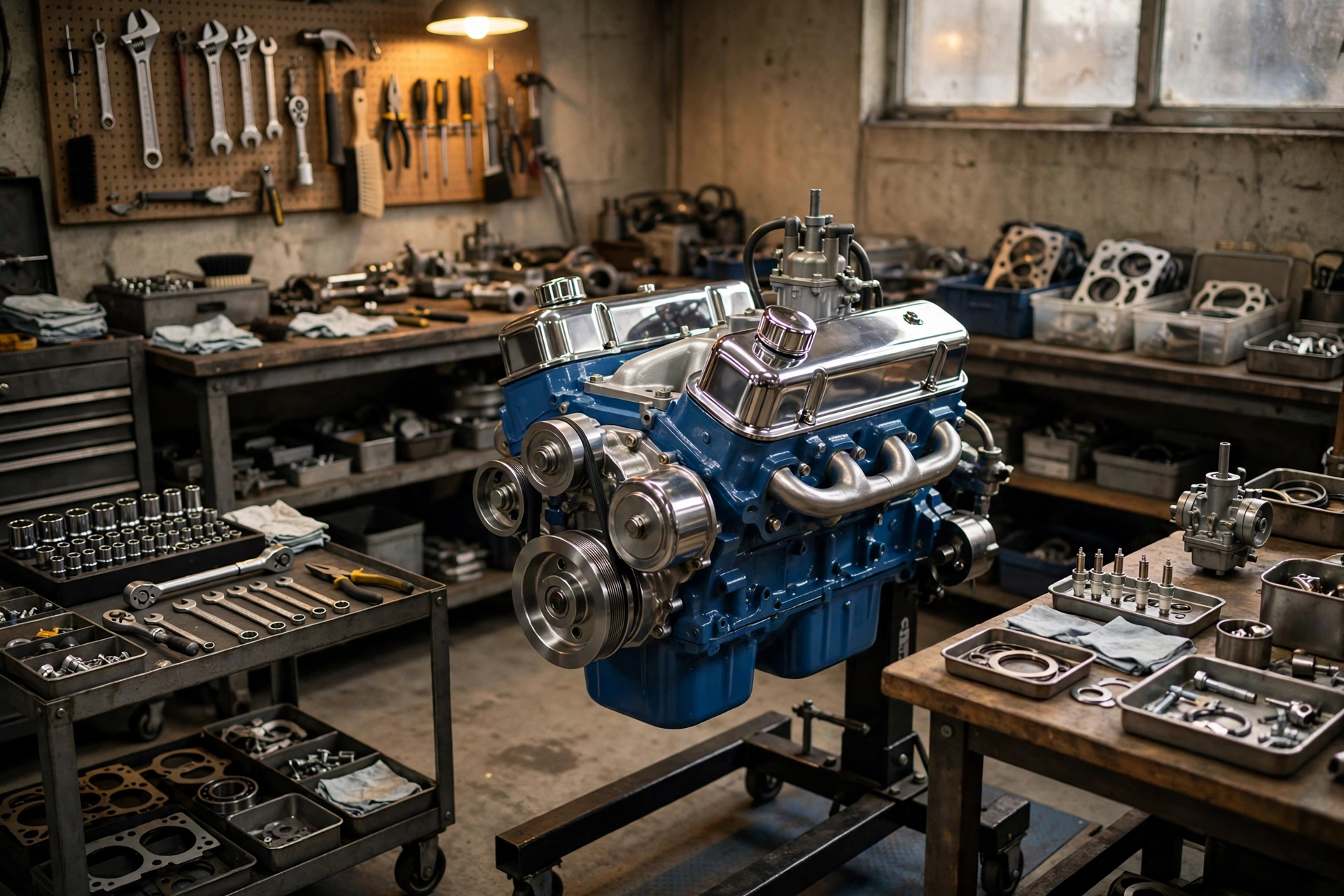 Rebuilt small-block Ford V8 engine on a stand in a garage