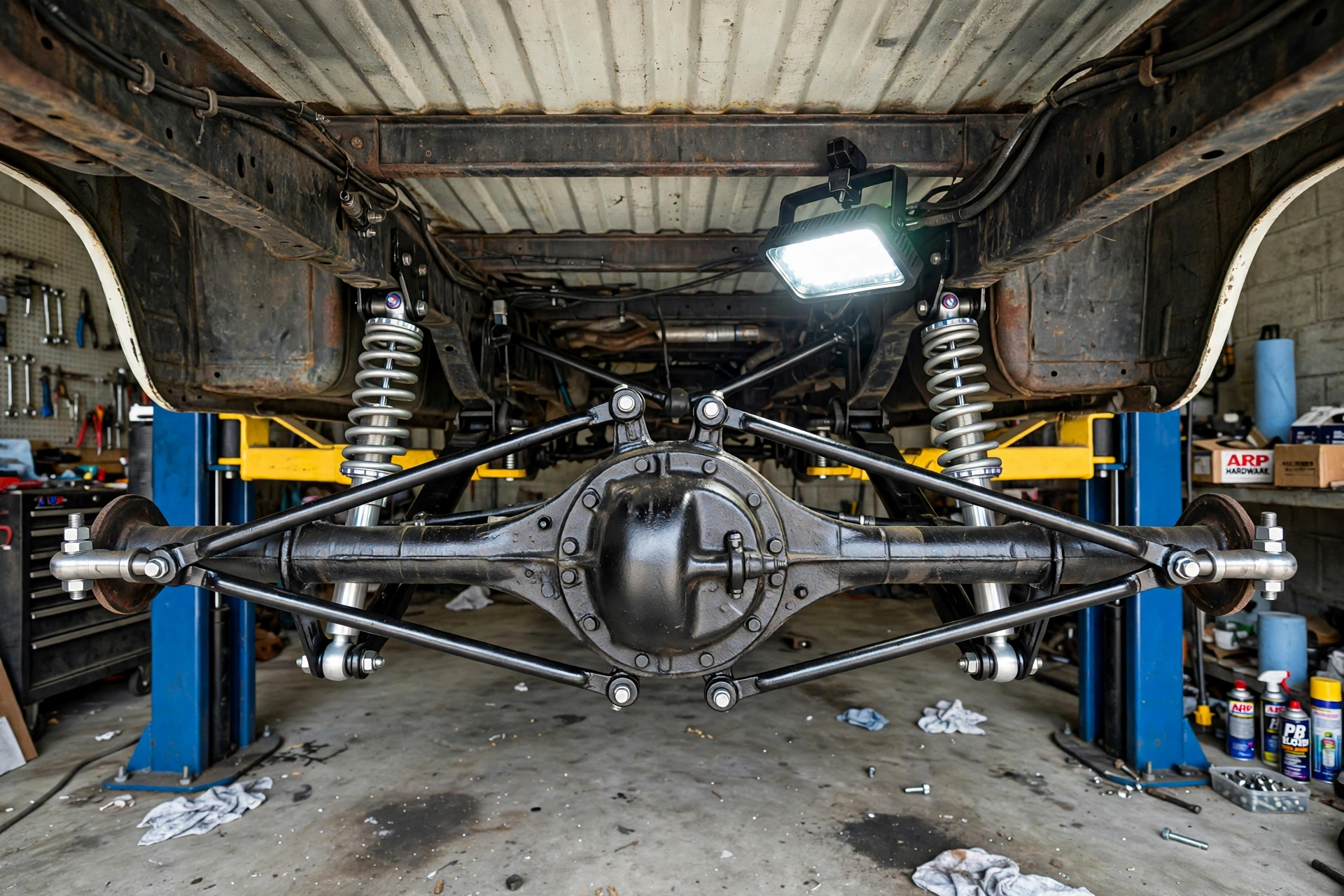 Four-link rear suspension with polished adjustable coilover shocks and steel link bars locating a Ford 9-inch rear axle under an F-100 on a lift