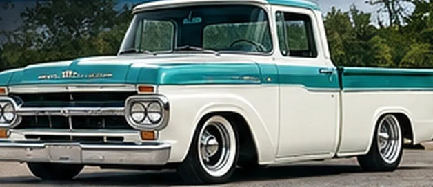 Lowered 1957–1960 Ford F-100 Fridge short bed in turquoise and white