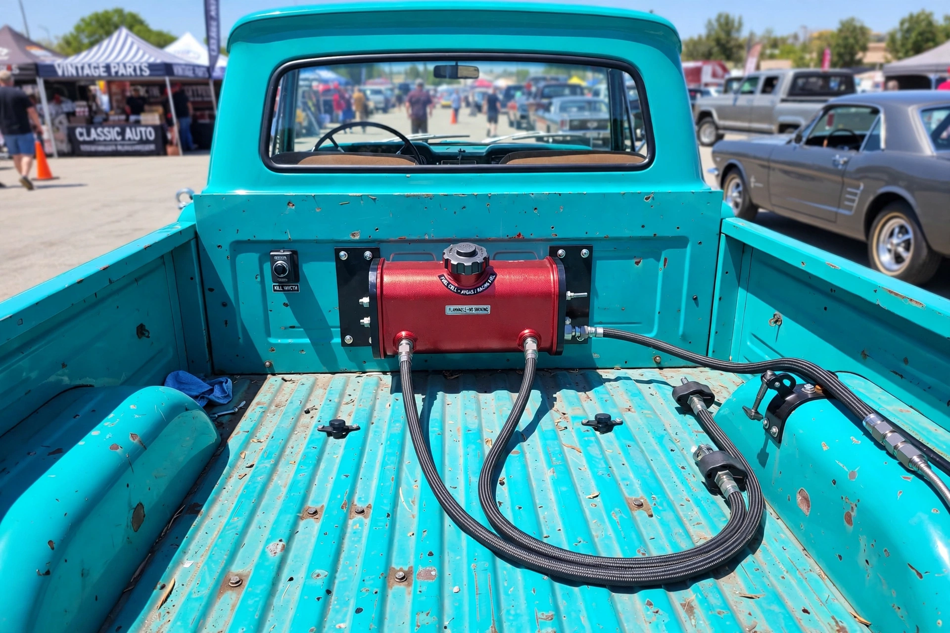 Red anodized racing fuel cell with a black aircraft-style filler cap bolted into the bed of a turquoise classic Ford F-100