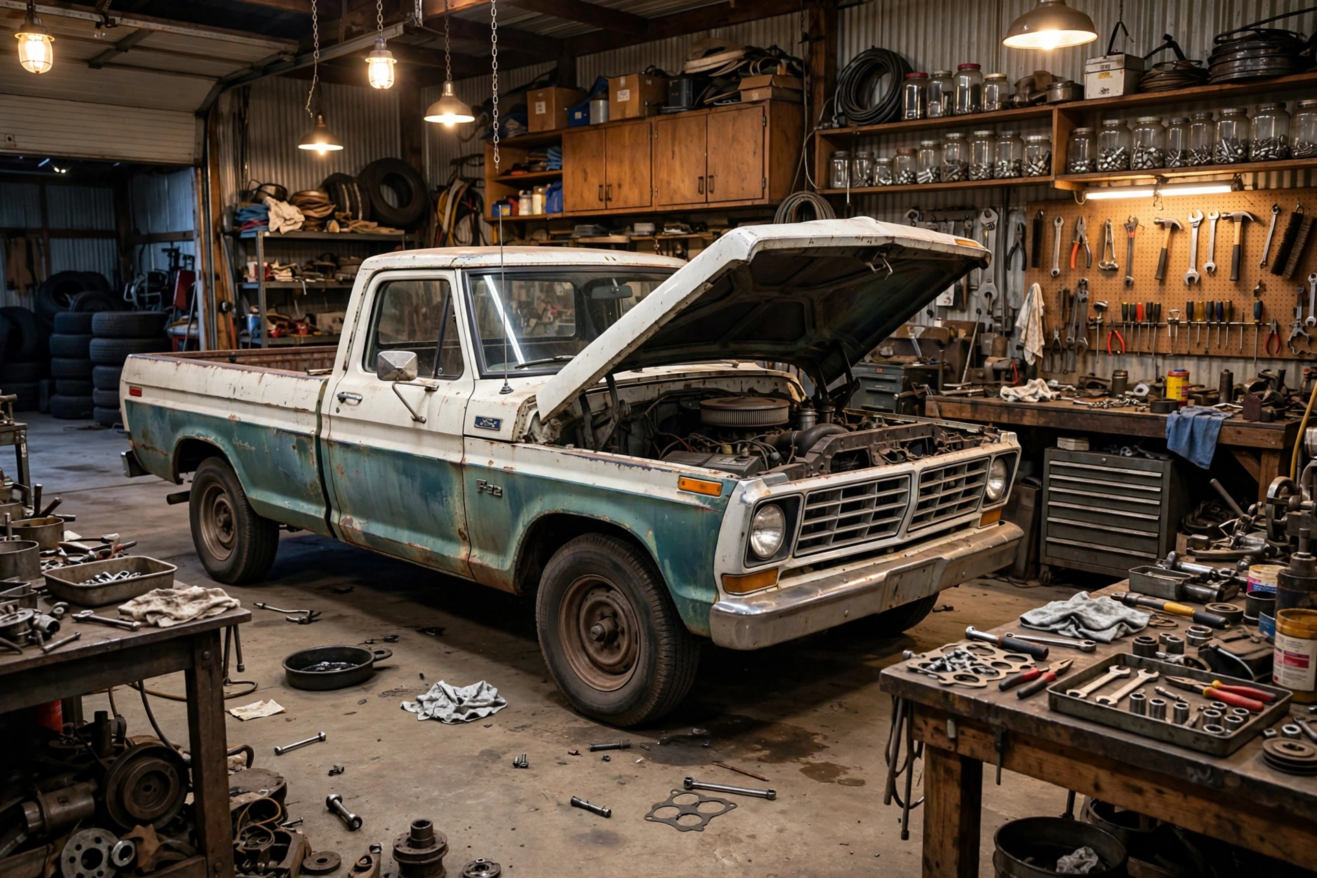 Patina F-100 project truck in the garage during its restomod build