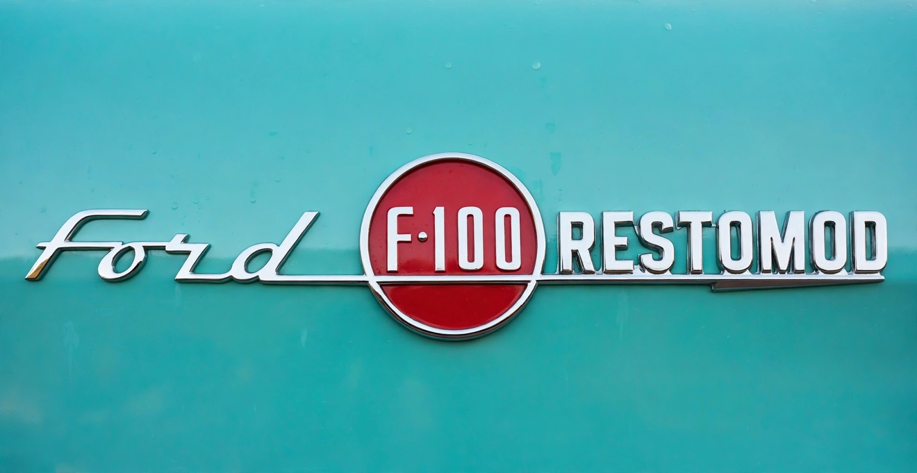 Chrome Ford script, round red F-100 badge and chrome RESTOMOD lettering on glossy turquoise paint