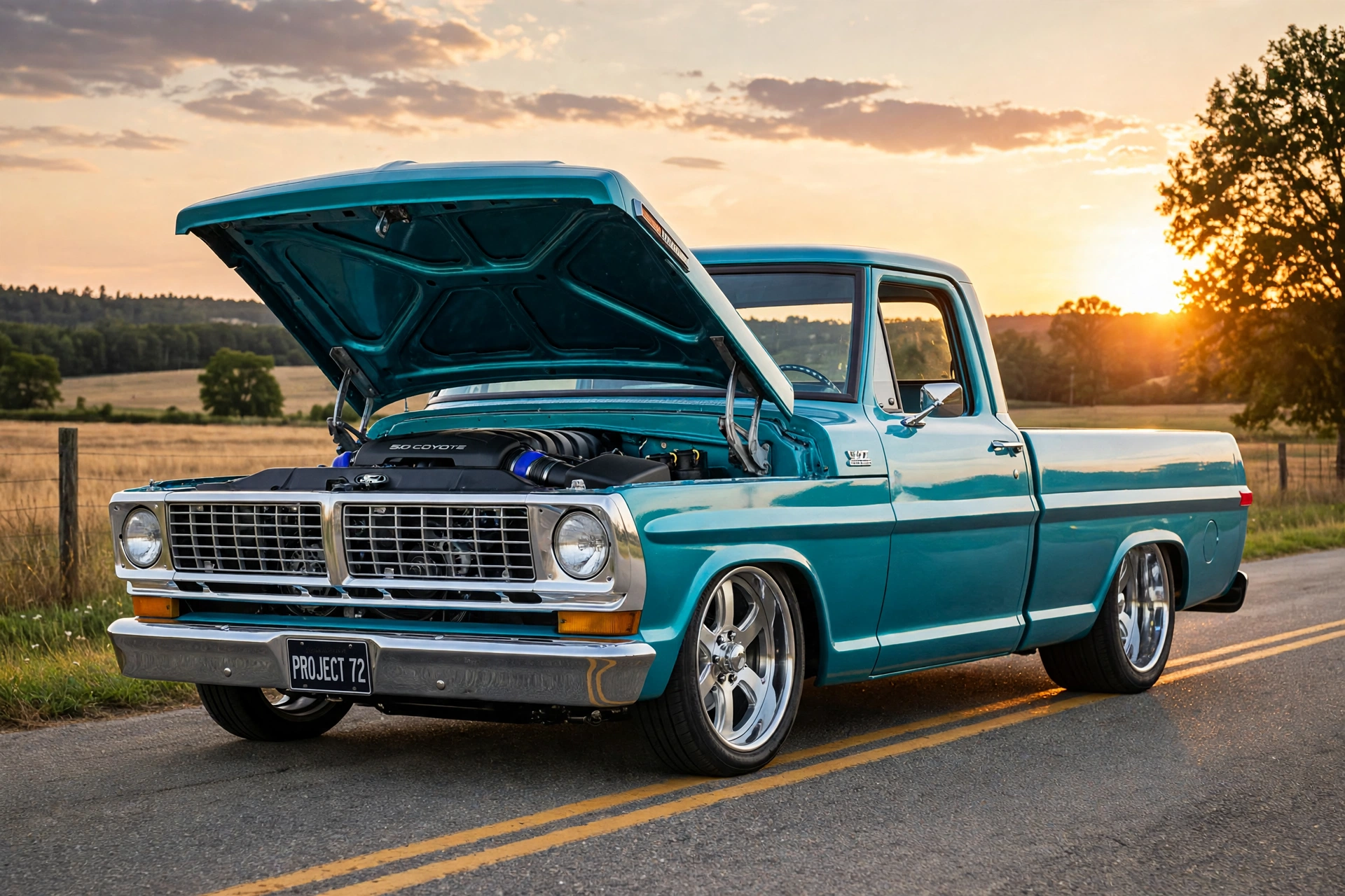 Turquoise bumpside F-100 with hood open showing a clean modern 5.0 Coyote engine swap
