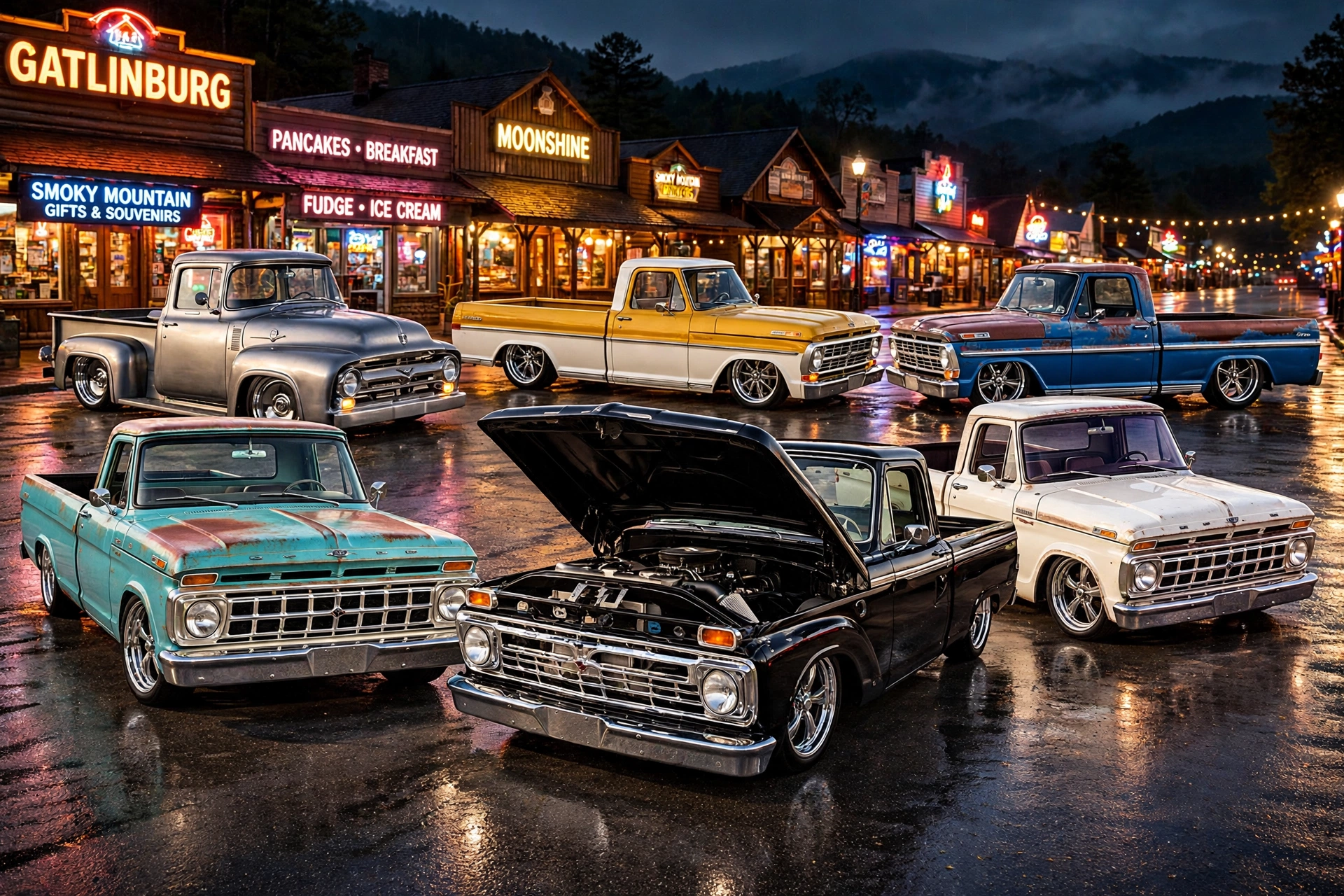 Six lowered Ford F-100 restomods in two rows on the wet Gatlinburg Parkway at night — turquoise patina slickside down front beside a black bumpside with its hood up showing the motor, neon motel and shop signs glowing behind a silver ’56, a yellow-and-white two-tone and a blue patina bumpside