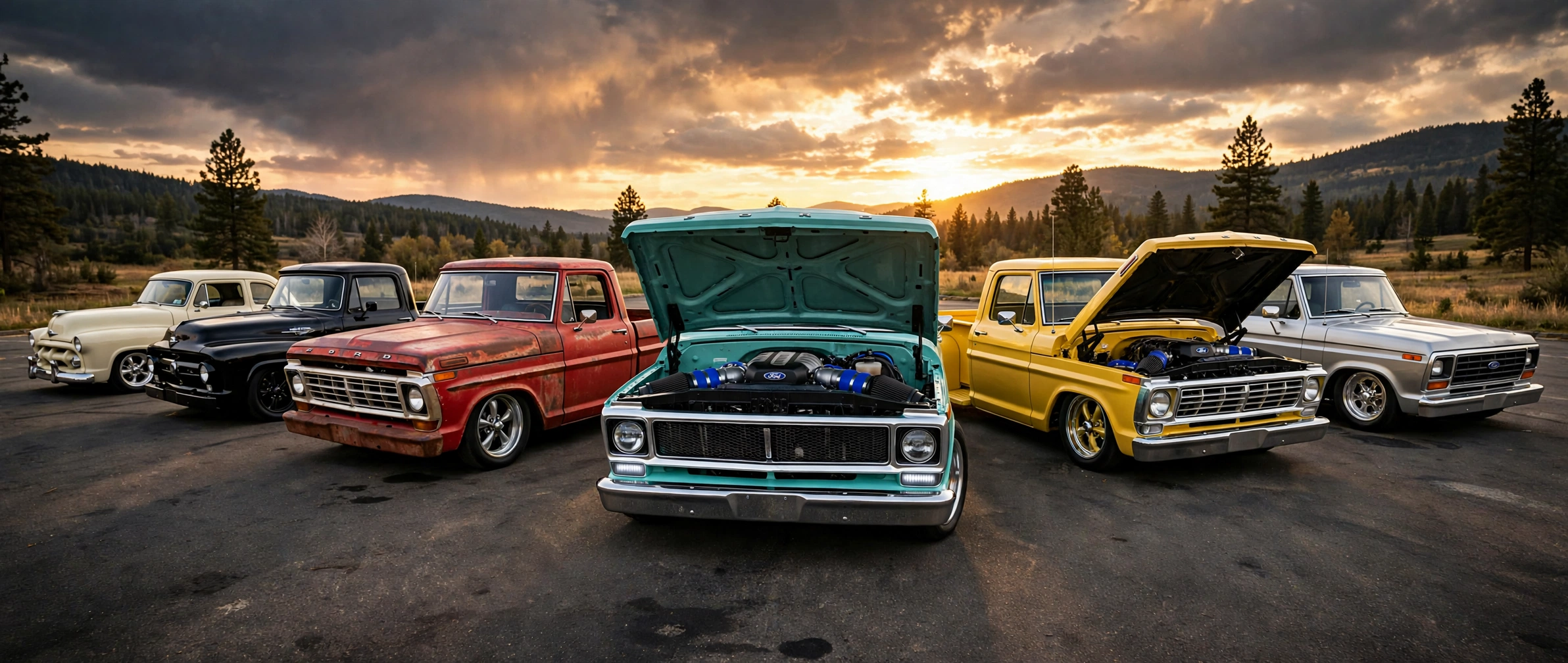 Six F-100 restomods sitting right on full suspension changes — drop beams, swaps and coilovers