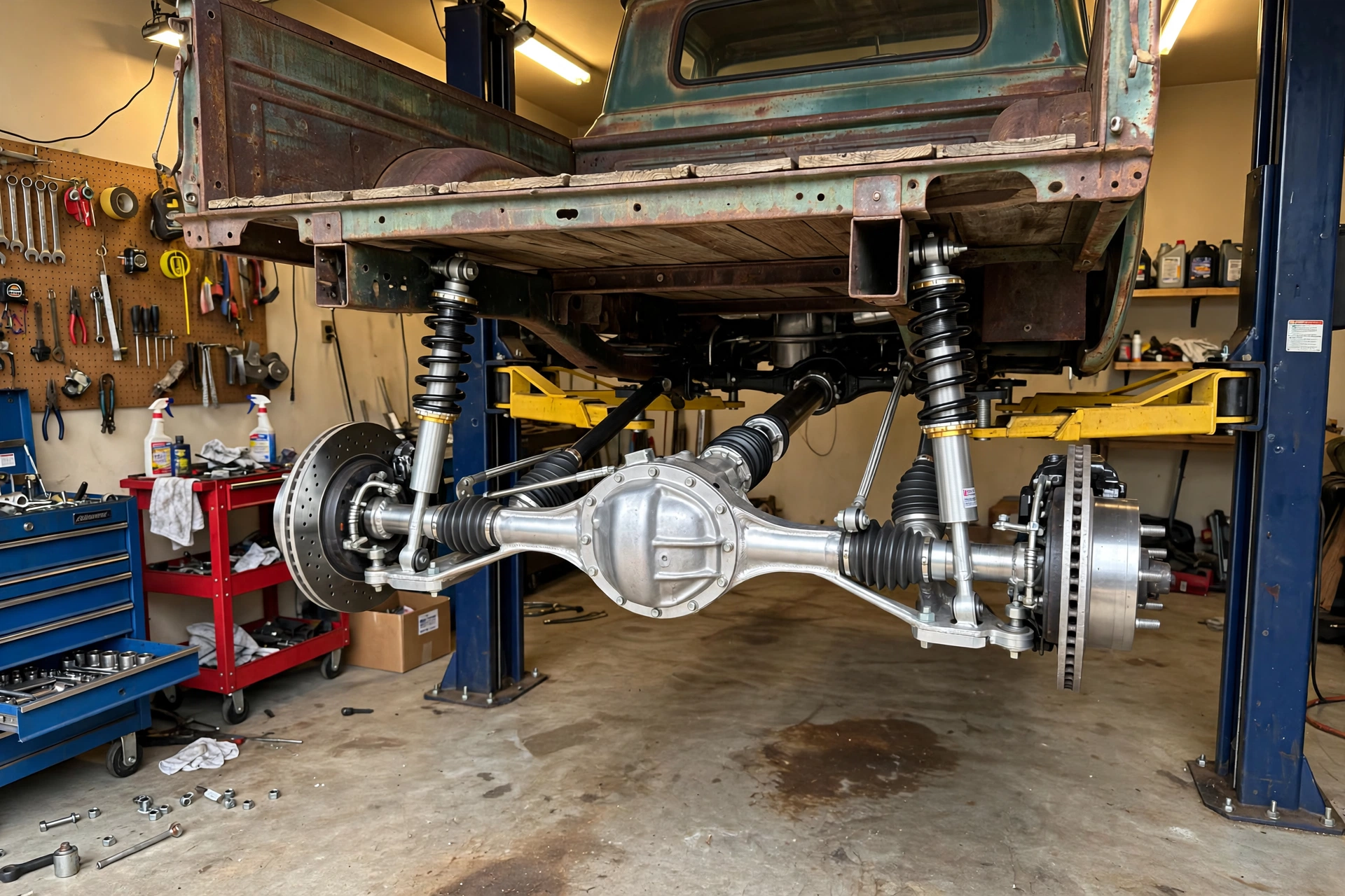 Mustang independent rear suspension with coilovers and big disc brakes installed under a bumpside F-100 on a lift