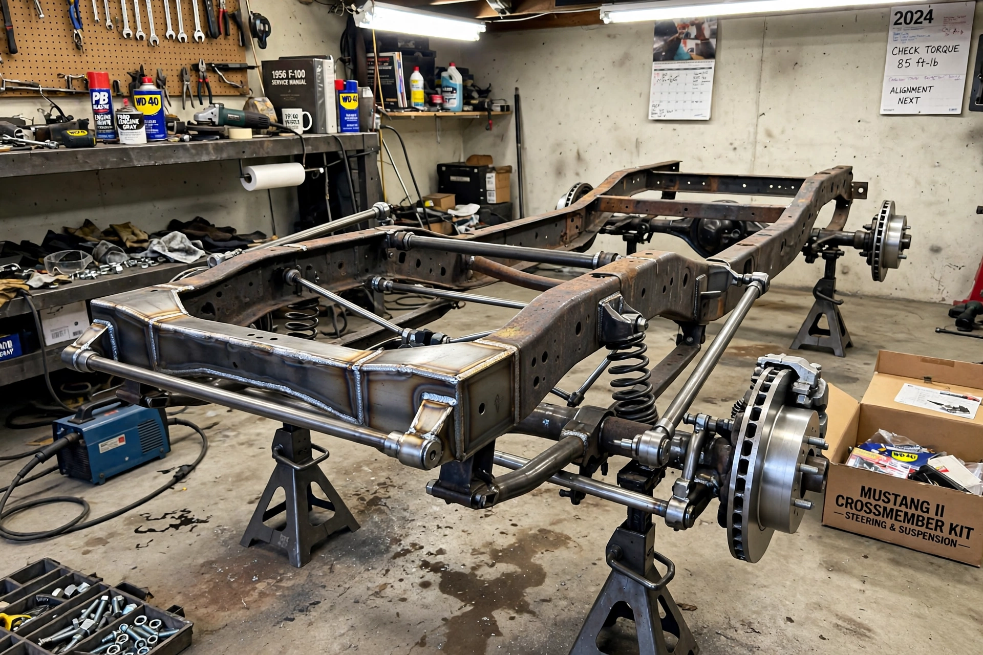 Bare 1950s Ford truck frame on stands with a new Mustang II style weld-in crossmember, tubular control arms, coil springs, rack-and-pinion steering and disc brake spindles installed